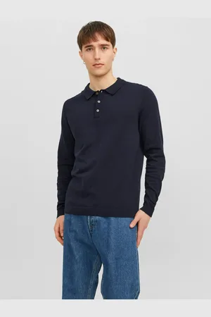 JACK & JONES Tmavě modré pánské úpletové polo tričko s dlouhým rukávem Jack & J - Pánské