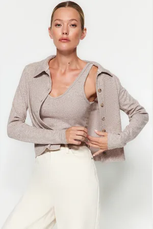 Trendyol Béžové Tlačítko Detailní Košilový Límec Měkké Pletené 2-Pack Sportovec- Cardigan Oblek