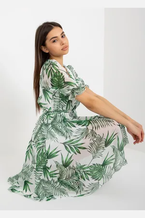 Fashionhunters Bílé a zelené šaty s květinovým potiskem a kravatou