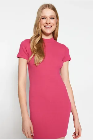 Trendyol Fuchsia Short Sleeve Crew Neck Mini Ribbed Stretchy Knitted Pencil Dress
