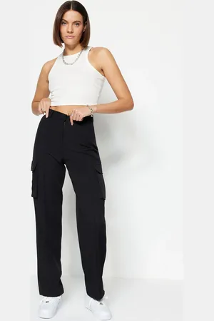 Trendyol Black Cargo Straight/Straight Fit Woven Dvojitá kapsa Tkané kalhoty