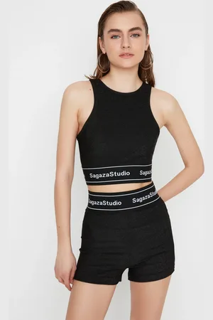 Trendyol X Sagaza Studio černé lesklé pletené šortky s elastickými detaily