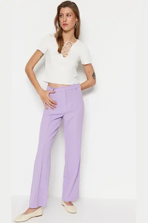 Trendyol Lilac Rovné žebrované prošívané tkané kalhoty s vysokým pasem