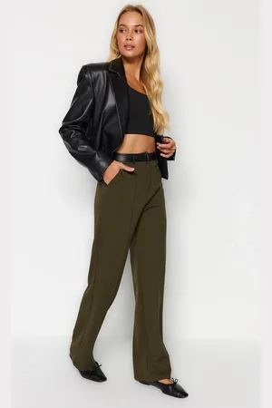 Trendyol Khaki pas umělá kůže detailní texturovaná tkanina s vysokým pasem rovný střih pletené kalhoty