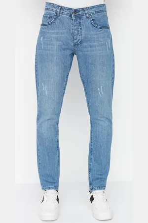 Trendyol Světle modré pružné látkové slim fit džíny s roztrhaným vzhledem