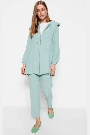 Trendyol Mint Ruffled Hooded Woven Aerobin Tunic-Pants Set