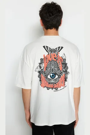 Trendyol Pánské oversize/široké tričko Mystic se 100% bavlněným potiskem Ecru