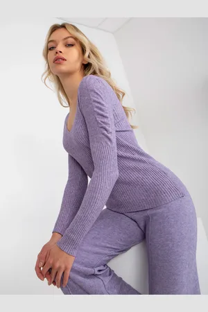 COCO ANGELO Klasický fialový žebrovaný svetr s nabíranými rukávy
