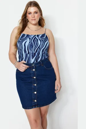 Trendyol Curve Blue Strappy Patterned Knitted Crop Plus Size Blouse