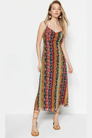 Trendyol Multicolored Patterned A-Cut Strap Midi Lined Woven Dress
