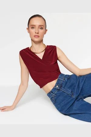 Trendyol Claret Red Drape Detailed, Double Breasted Collar Crop, Stretchy Knitted Blouse