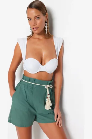 Trendyol Khaki Belted Woven Ruffled 100% Cotton Shorts & Bermuda