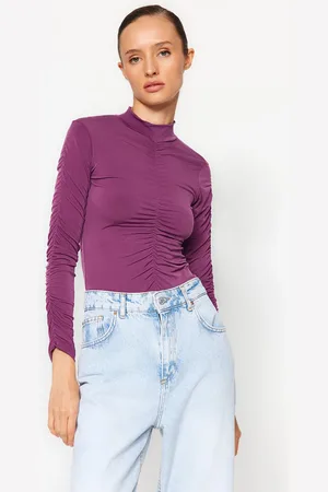 Trendyol Fialový Slim Skládaný Detailní Zapínací Elastický Pletený Body