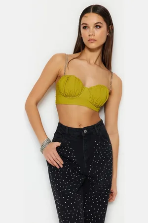 Trendyol Light Green Crop Lined Woven Shiny Stone Bustier