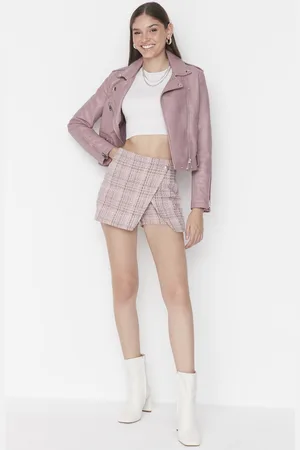 Trendyol Pink High Waist Tweed Woven Shorts Skirt