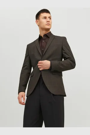 JACK & JONES Tmavě hnědé pánské kostkované sako Solaris - Pánské