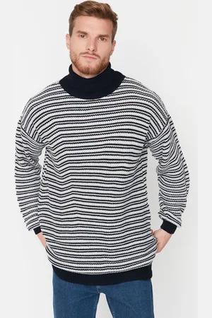 Trendyol Námořnický modrý oversize rolák s pruhovaným pleteným svetrem
