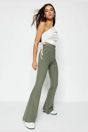Trendyol Khaki Ribbed Flare/Spanish Leg High Waist Knitted Leggings Trousers