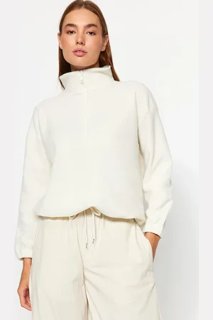 Trendyol Ecru Mikina s fleecem a detaily na zip