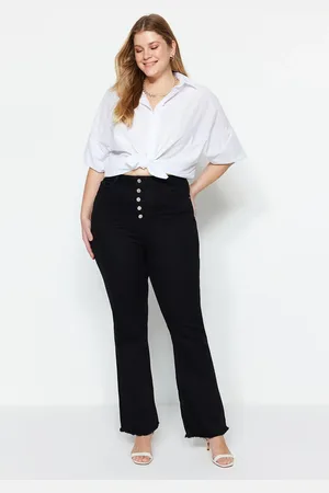 Trendyol Curve Černá Vysoký Pas Knoflíky A Střapec Detailní Španělské Leg Džíny
