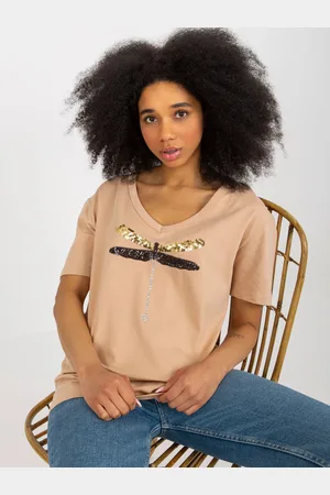 Fashionhunters Camel dámské tričko s aplikací