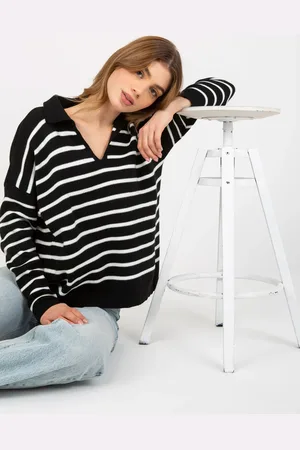 Factory Price Černobílý oversize pruhovaný svetr s límečkem