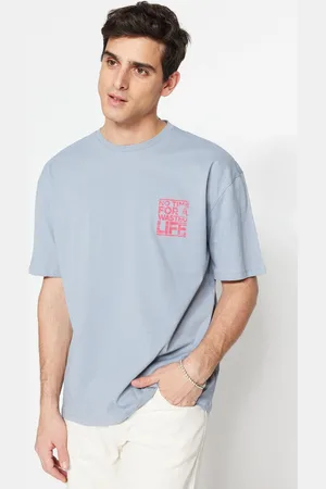 Trendyol Grey Oversize/Wide Cut Crew Neck Text Printed 100% Cotton T-Shirt