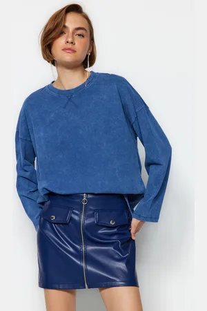 Trendyol Indigo Worn/Faded Effect Relaxed/Comfortable fit Crew Neck Long Sleeve Knitted T-Shirt