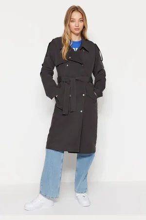 Trendyol Anthracite Oversized páskový trenčkot se zapínáním na patentky