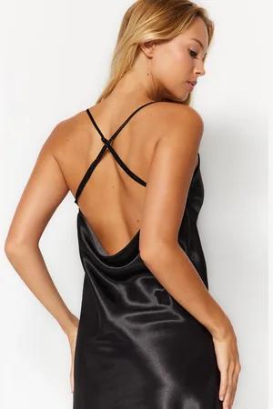 Trendyol Black Back Detailed Rope Strap Cowl Neck Satin Woven Nightgown