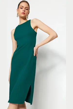Trendyol Emerald Green Straight Cut Crew Neck Midi Pencil Skirt Woven Dress