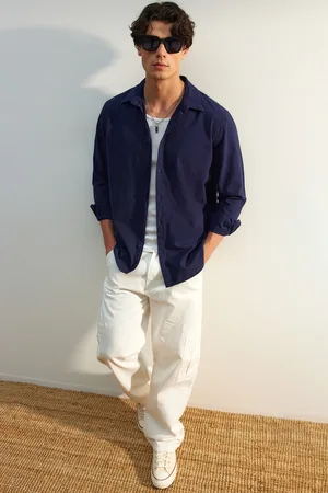 Trendyol Navy Blue Unisex Regular Fit 100% Cotton Linen Look Shirt