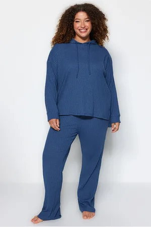 Trendyol Curve Indigo Hooded Collar Relaxed Fit Knitted Camisole Plus Size Top-Bottom Set