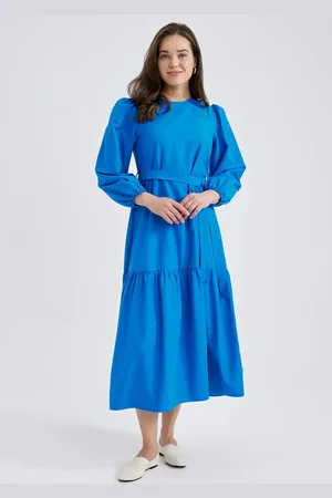 DeFacto Crew Neck Tie Waist Detailní popelínové maxi šaty s dlouhým rukávem