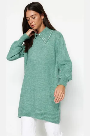 Trendyol Turquoise Baby Collar Pearled Soft Knitwear Sweater