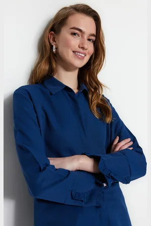 Trendyol Denim Look Indigo Volánky, Tkaná Bavlněná Košile