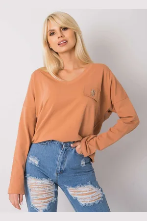 Fancy Světle hnědá bavlněná halenka s výstřihem do V.