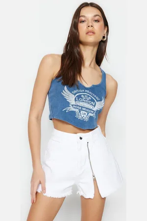 Trendyol White Zipper Detailed High Waist Denim Shorts