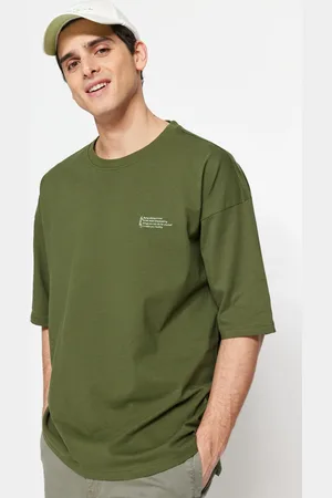 Trendyol Khaki Oversize/Wide Cut 100% Cotton Crew Neck Minimal Text Printed T-Shirt