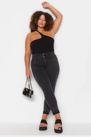 Trendyol Curve Anthracite Rise Waist Kalhoty Barevně blokované Flexibilní Skinny Džíny