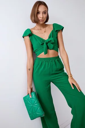Fasardi Tmavě zelený crop top set se širokými nohavicemi
