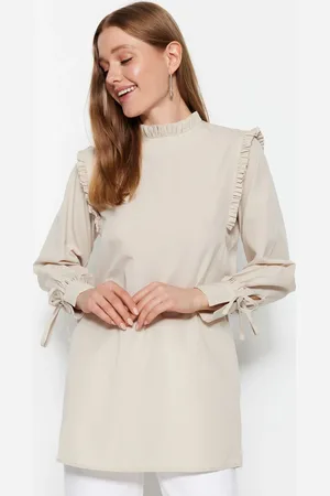 Trendyol Stone Shoulder and Cuff Frilly Woven Cotton Tunic