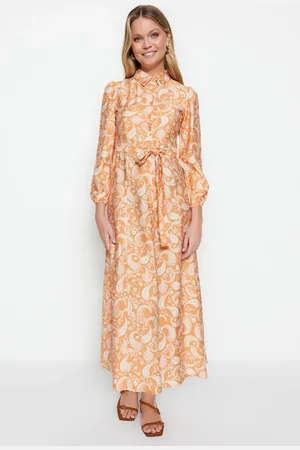 Trendyol Orange Belted Shawl Patterned Woven Shirt Dress