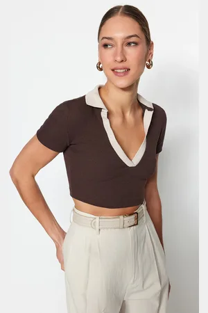 Trendyol Brown Fitted Polo Neck Crop Ribbed Stretch Knitted Blouse