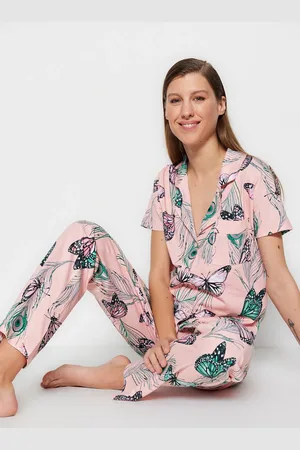 Trendyol Pink 100% Cotton Butterfly Patterned Shirt-Pants Knitted Pajama Set