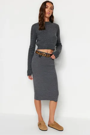 Trendyol Anthracite Midi Pencil Knitwear Skirt