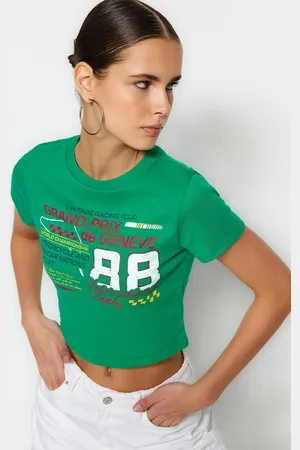 Trendyol Green 100% Cotton Slogan Printed Fitted Crop Knitted T-Shirt