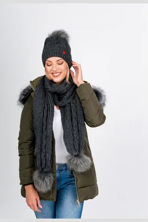 Kesi Dámský zimní set čepice + šála s bambulemi - tmavě šedá