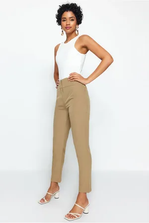 Trendyol Hnědé cigaretové skinny tkané kalhoty s prošíváním v pase