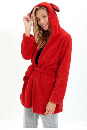 Trendyol Red Ear and Back Embroidery Detailed Plush/Wellsoft Winter Knitted Dressing Gown